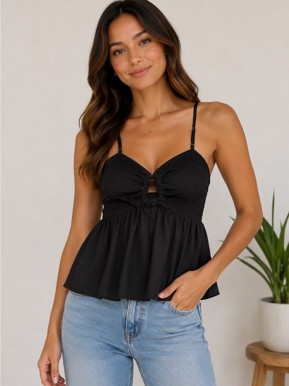 Miss Chievous Black Smocked Peplum Top Size Small NWT
